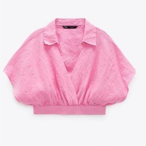 Pink Zara Linen Cropped Shirt